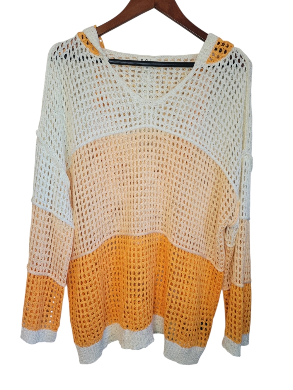 POL Oversized Open Knit Hooded Sweater Small Colorblock Boho Beach Cover Up Top - Picture 2 of 10